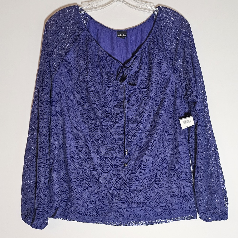 Rafaella Top Womens Large Purple Lace Gypsy Boho Tie Neck Artsy Whimsy Peasant L